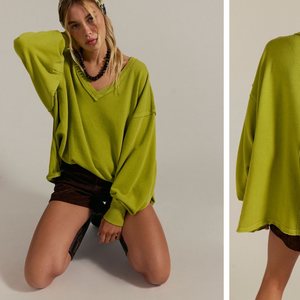 Free People Lime Green V-Neck Sweater